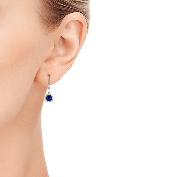 Blue Sapphire and Diamond Halo Drop Earrings - On hand
