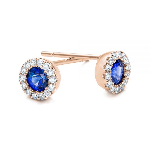 18k Rose Gold 18k Rose Gold Blue Sapphire And Diamond Halo Earrings - Front View - 100978