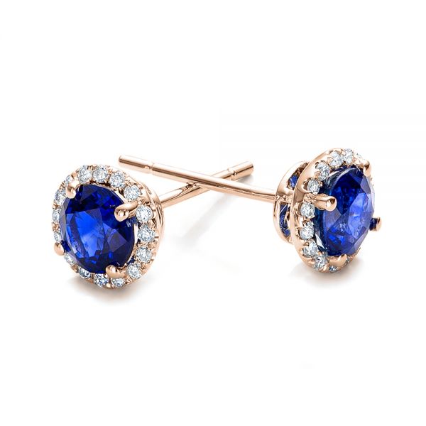 14k Rose Gold 14k Rose Gold Blue Sapphire And Diamond Halo Earrings - Front View -  101020