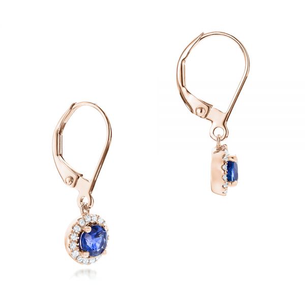 18k Rose Gold 18k Rose Gold Blue Sapphire And Diamond Halo Earrings - Front View - 102627