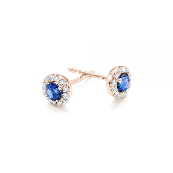 14k Rose Gold 14k Rose Gold Blue Sapphire And Diamond Halo Earrings - Front View -  102669