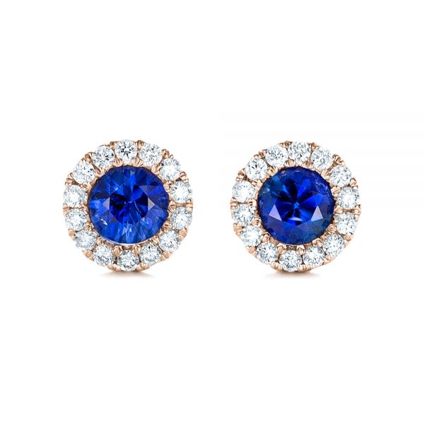 18k Rose Gold 18k Rose Gold Blue Sapphire And Diamond Halo Earrings - Three-Quarter View -  100978