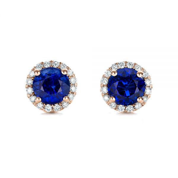 18k Rose Gold 18k Rose Gold Blue Sapphire And Diamond Halo Earrings - Three-Quarter View -  101020
