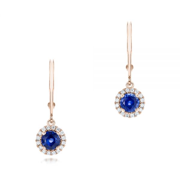 18k Rose Gold 18k Rose Gold Blue Sapphire And Diamond Halo Earrings - Three-Quarter View -  102627