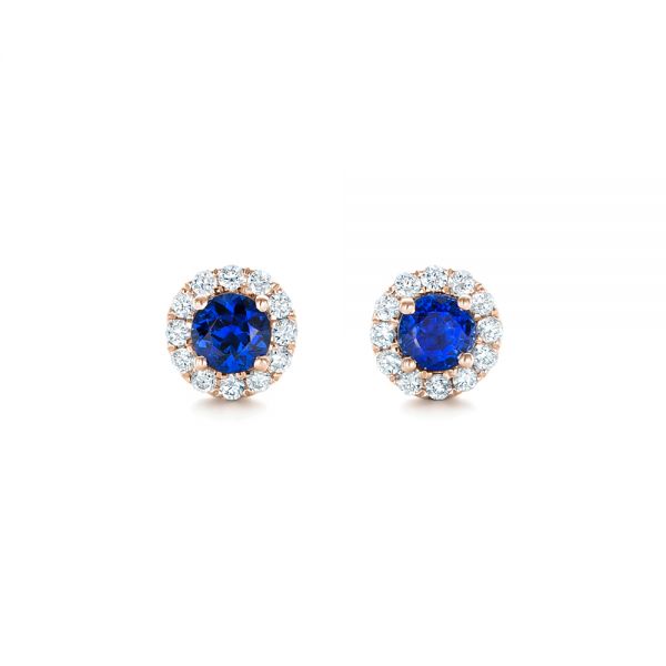 18k Rose Gold 18k Rose Gold Blue Sapphire And Diamond Halo Earrings - Three-Quarter View -  102669