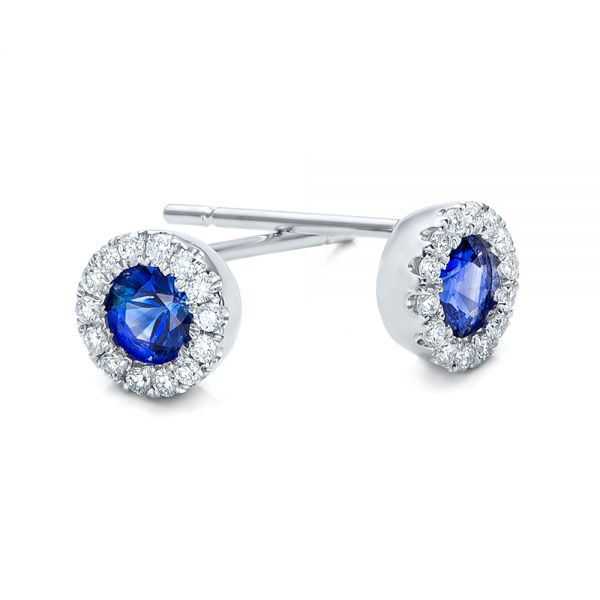 14k White Gold Blue Sapphire And Diamond Halo Earrings - Front View -  100978