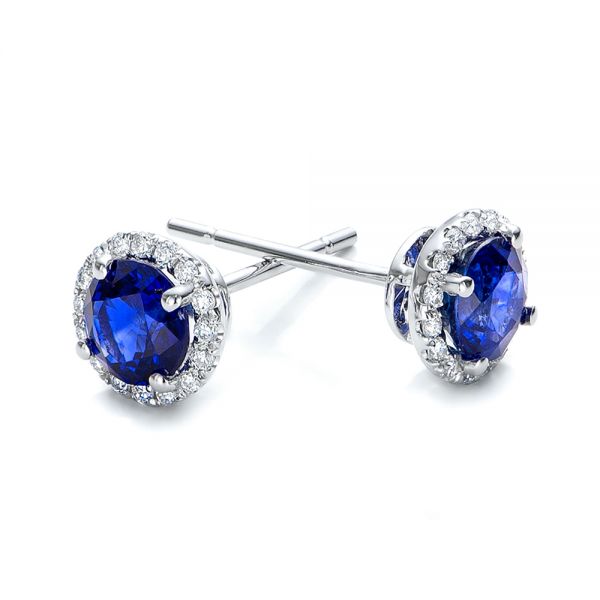 14k White Gold Blue Sapphire And Diamond Halo Earrings - Front View -  101020