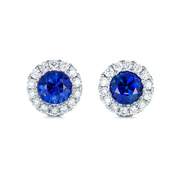 14k White Gold Blue Sapphire And Diamond Halo Earrings - Three-Quarter View -  100978