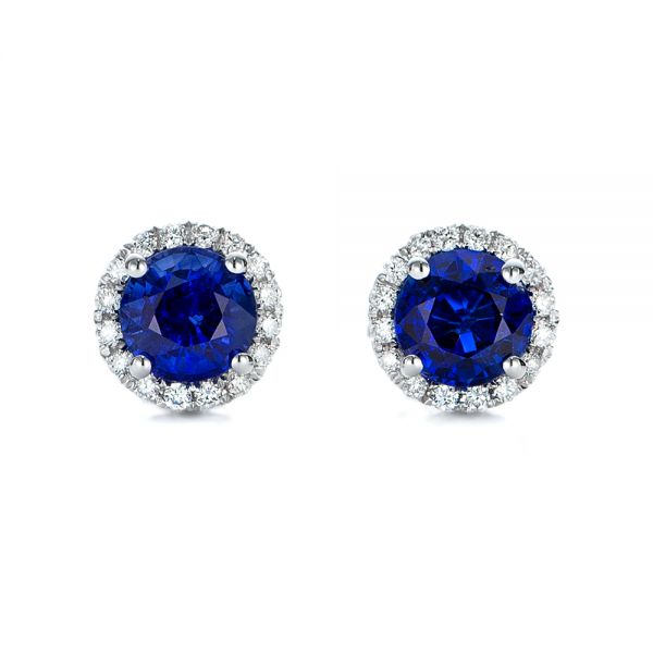 14k White Gold Blue Sapphire And Diamond Halo Earrings - Three-Quarter View -  101020