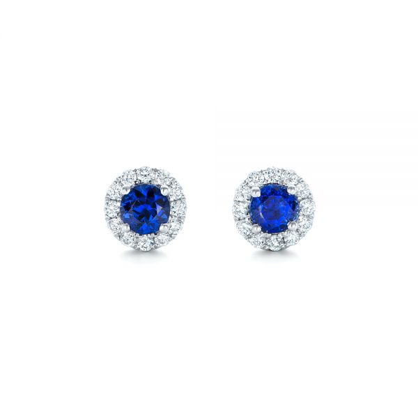 18k White Gold 18k White Gold Blue Sapphire And Diamond Halo Earrings - Three-Quarter View -  102669