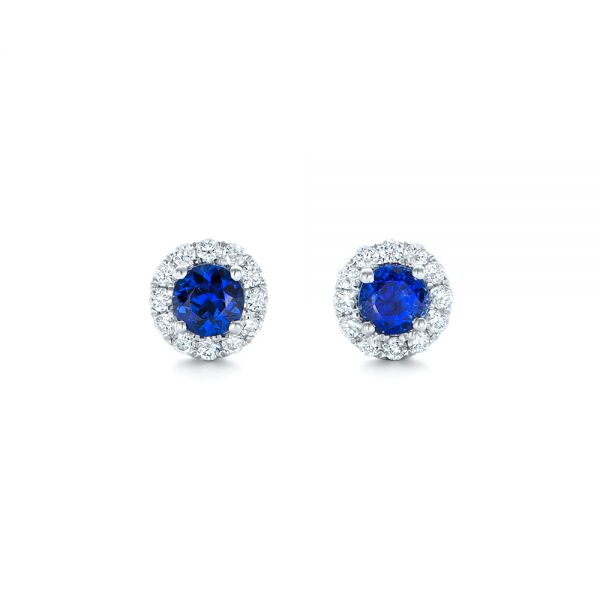  Platinum Platinum Blue Sapphire And Diamond Halo Earrings - Three-Quarter View -  102669