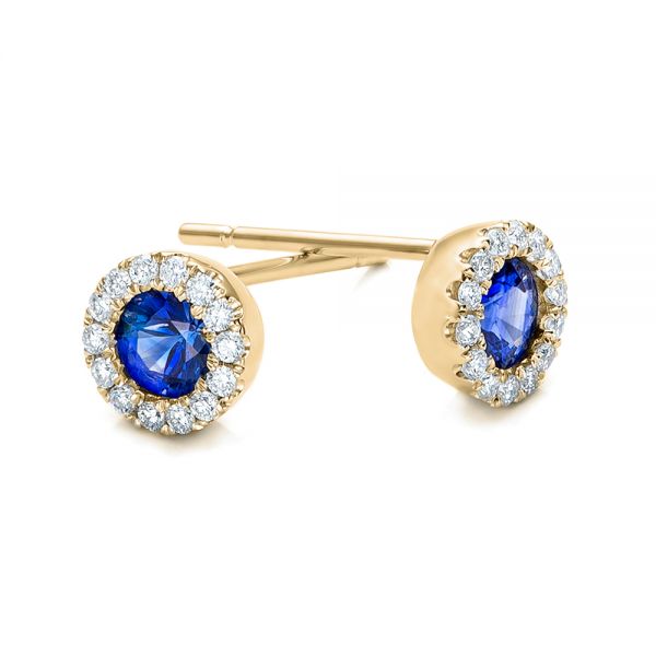 18k Yellow Gold 18k Yellow Gold Blue Sapphire And Diamond Halo Earrings - Front View -  100978