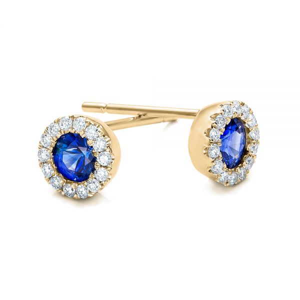18k Yellow Gold 18k Yellow Gold Blue Sapphire And Diamond Halo Earrings - Front View - 100978