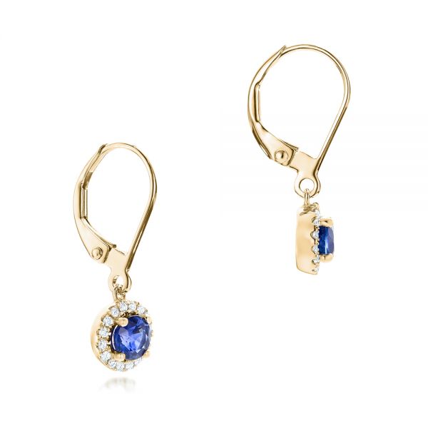 14k Yellow Gold 14k Yellow Gold Blue Sapphire And Diamond Halo Earrings - Front View -  102627