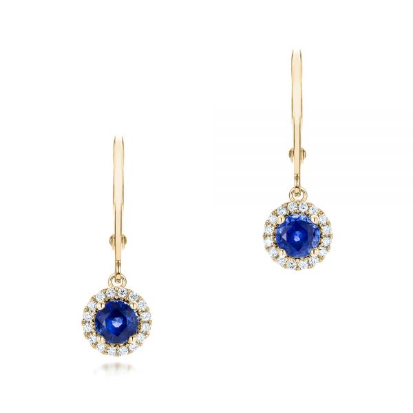 14k Yellow Gold 14k Yellow Gold Blue Sapphire And Diamond Halo Earrings - Three-Quarter View -  102627