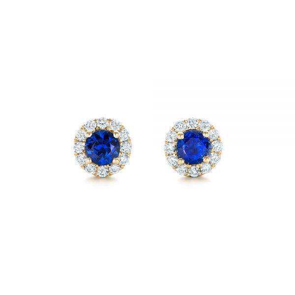 18k Yellow Gold 18k Yellow Gold Blue Sapphire And Diamond Halo Earrings - Three-Quarter View -  102669