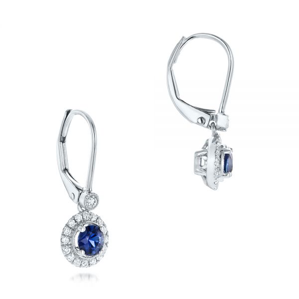 14k White Gold 14k White Gold Blue Sapphire And Diamond Halo Leverback Earrings - Front View -  102628