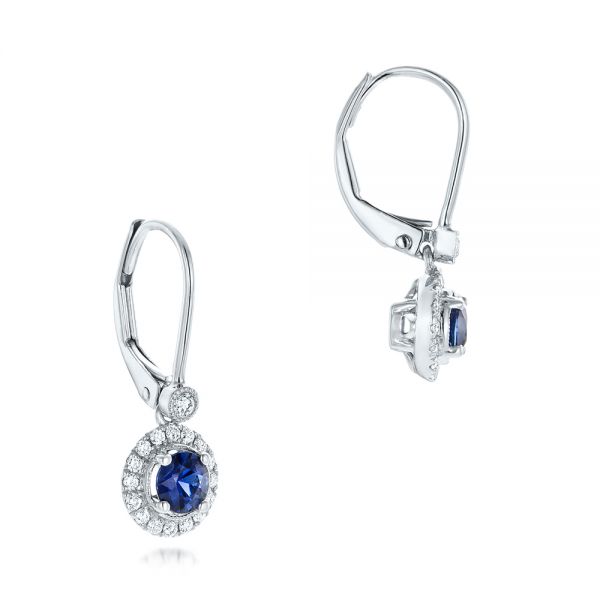 18k White Gold 18k White Gold Blue Sapphire And Diamond Halo Leverback Earrings - Front View -  102628