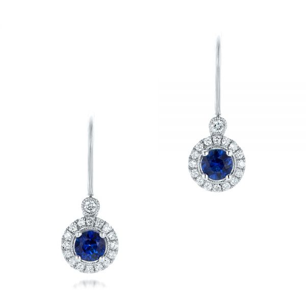 Blue Sapphire And Diamond Halo Leverback Earrings - Three-Quarter View -  102628