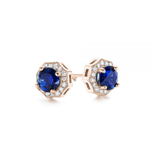 14k Rose Gold 14k Rose Gold Blue Sapphire And Diamond Halo Stud Earrings - Front View -  103512