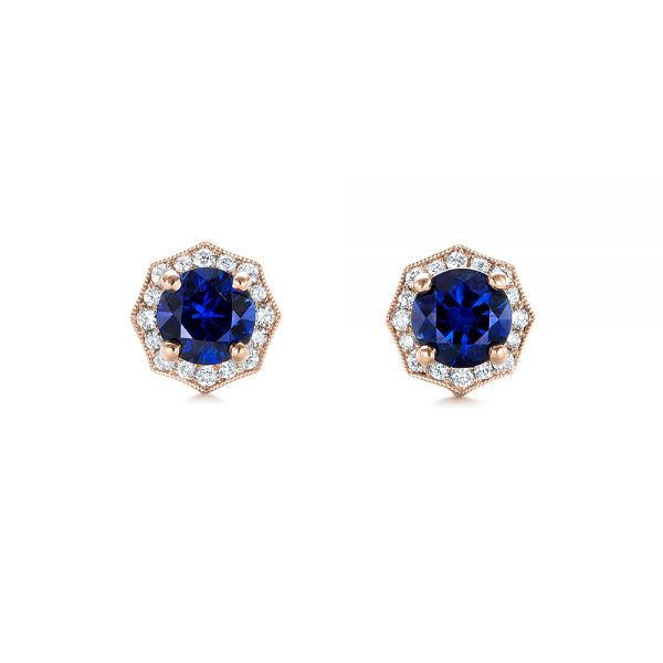 18k Rose Gold 18k Rose Gold Blue Sapphire And Diamond Halo Stud Earrings - Top View -  103512