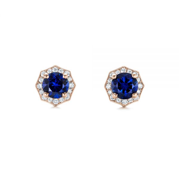 14k Rose Gold 14k Rose Gold Blue Sapphire And Diamond Halo Stud Earrings - Top View -  103512