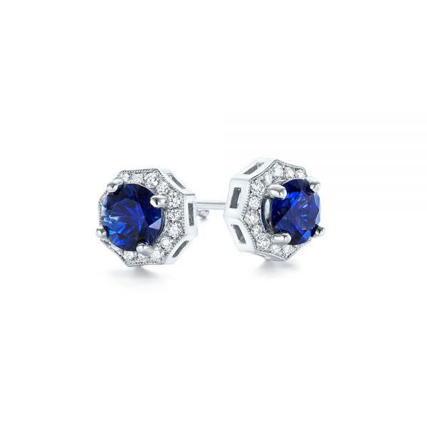 18k White Gold Blue Sapphire And Diamond Halo Stud Earrings - Front View - 103512