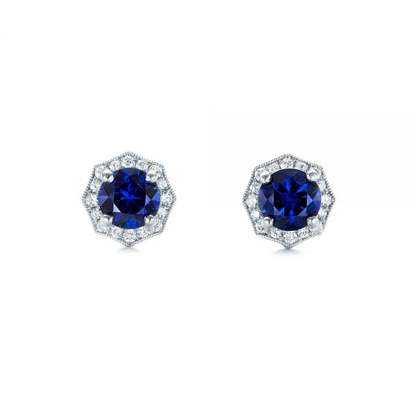 18k White Gold Blue Sapphire And Diamond Halo Stud Earrings - Top View - 103512