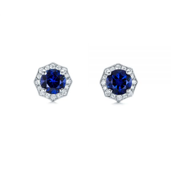 18k White Gold Blue Sapphire And Diamond Halo Stud Earrings - Top View -  103512