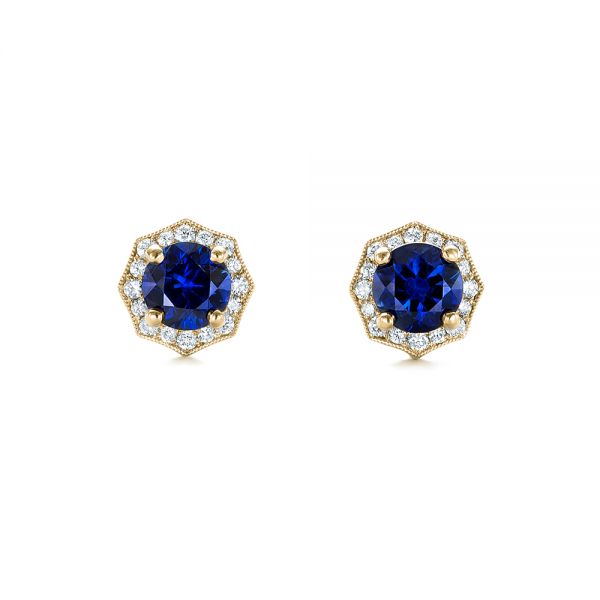 18k Yellow Gold 18k Yellow Gold Blue Sapphire And Diamond Halo Stud Earrings - Top View - 103512