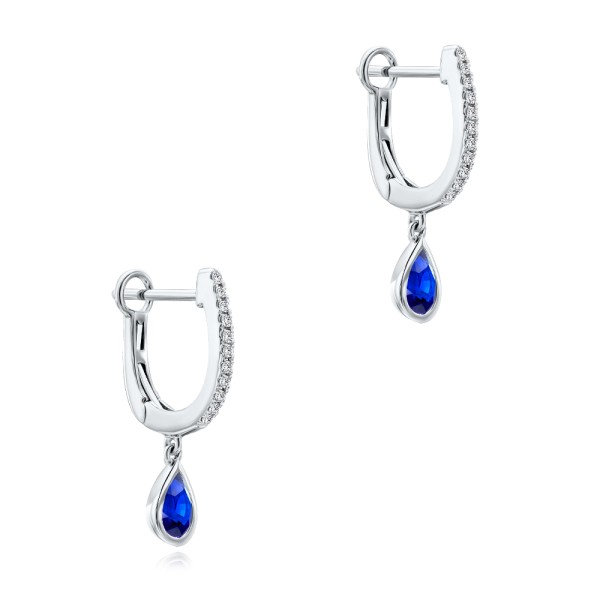 14k White Gold Blue Sapphire And Diamond Huggies - Front View - 107919