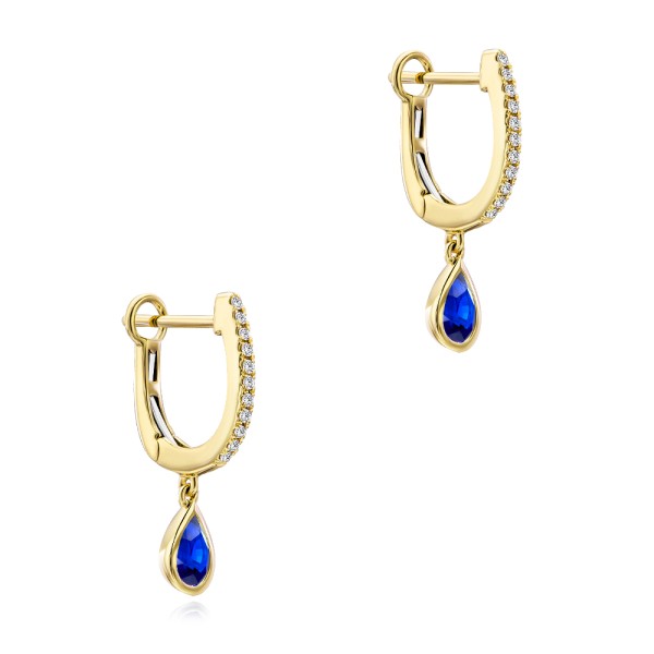 14k Yellow Gold 14k Yellow Gold Blue Sapphire And Diamond Huggies - Front View -  107919