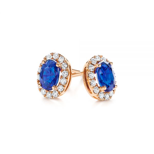 18k Rose Gold 18k Rose Gold Blue Sapphire And Diamond Stud Earrings - Front View -  106547 - Thumbnail