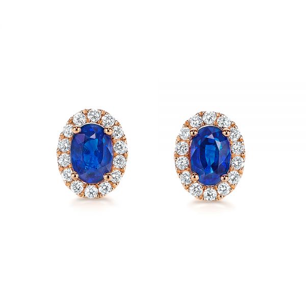 18k Rose Gold Blue Sapphire And Diamond Stud Earrings