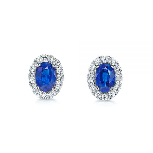 14k White Gold 14k White Gold Blue Sapphire And Diamond Stud Earrings - Three-Quarter View -  106547
