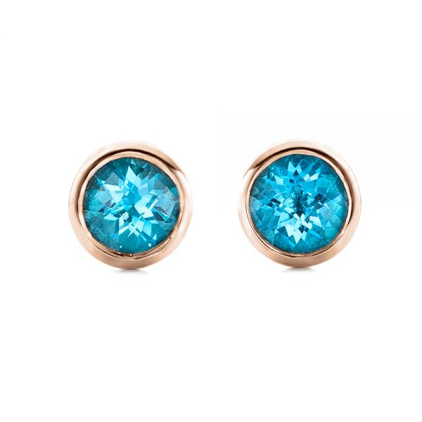 18k Rose Gold 18k Rose Gold Blue Topaz Bezel Set Stud Earrings - Three-Quarter View -  101027