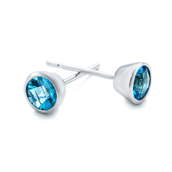 14k White Gold Blue Topaz Bezel Set Stud Earrings - Front View -  101027