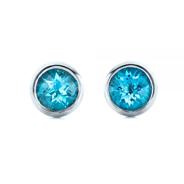 14k White Gold Blue Topaz Bezel Set Stud Earrings - Three-Quarter View -  101027