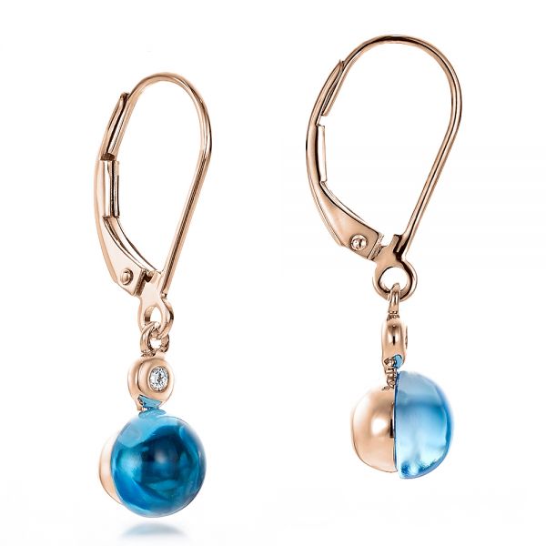 18k Rose Gold 18k Rose Gold Blue Topaz Cabochon And Diamond Earrings - Front View -  100450