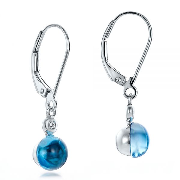 14k White Gold Blue Topaz Cabochon And Diamond Earrings - Front View -  100450