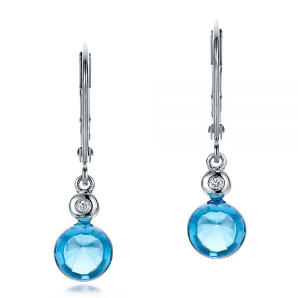 14k White Gold Blue Topaz Cabochon And Diamond Earrings - Three-Quarter View -  100450