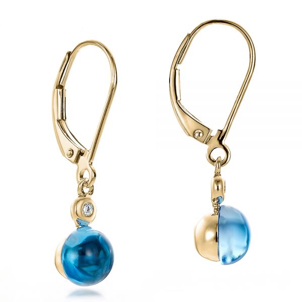 14k Yellow Gold 14k Yellow Gold Blue Topaz Cabochon And Diamond Earrings - Front View -  100450