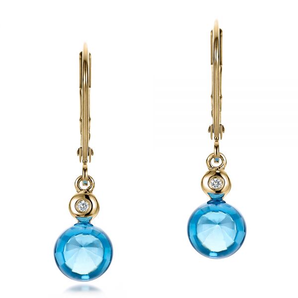 18k Yellow Gold 18k Yellow Gold Blue Topaz Cabochon And Diamond Earrings - Three-Quarter View -  100450