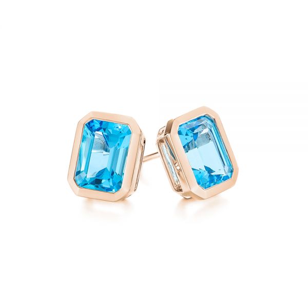 14k Rose Gold 14k Rose Gold Blue Topaz Emerald Cut Stud Earrings - Front View - 105440