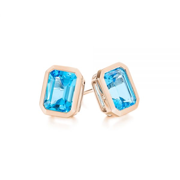 18k Rose Gold 18k Rose Gold Blue Topaz Emerald Cut Stud Earrings - Front View -  105440