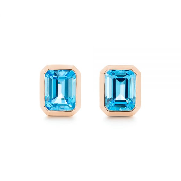 18k Rose Gold 18k Rose Gold Blue Topaz Emerald Cut Stud Earrings - Three-Quarter View -  105440