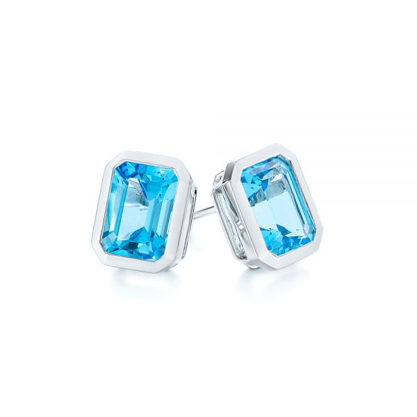 14k White Gold Blue Topaz Emerald Cut Stud Earrings - Front View -  105440