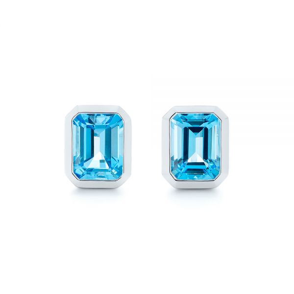 18k White Gold 18k White Gold Blue Topaz Emerald Cut Stud Earrings - Three-Quarter View -  105440