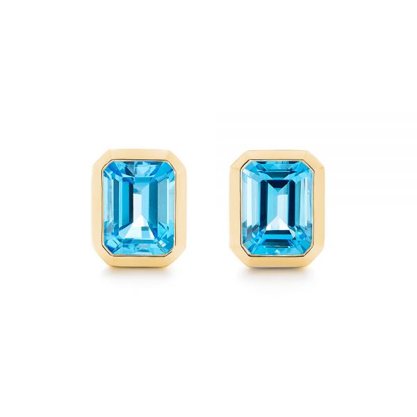 14k Yellow Gold 14k Yellow Gold Blue Topaz Emerald Cut Stud Earrings - Three-Quarter View -  105440