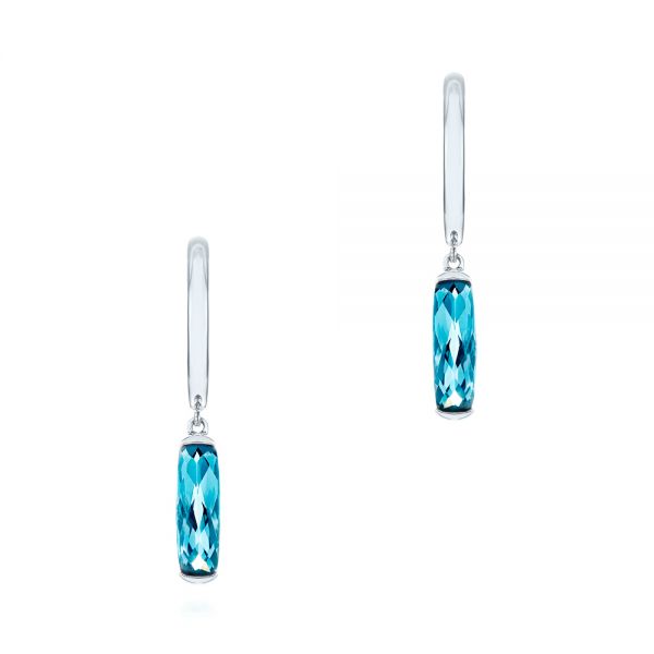 14k White Gold Blue Topaz Huggie Earrings - Three-Quarter View -  105437